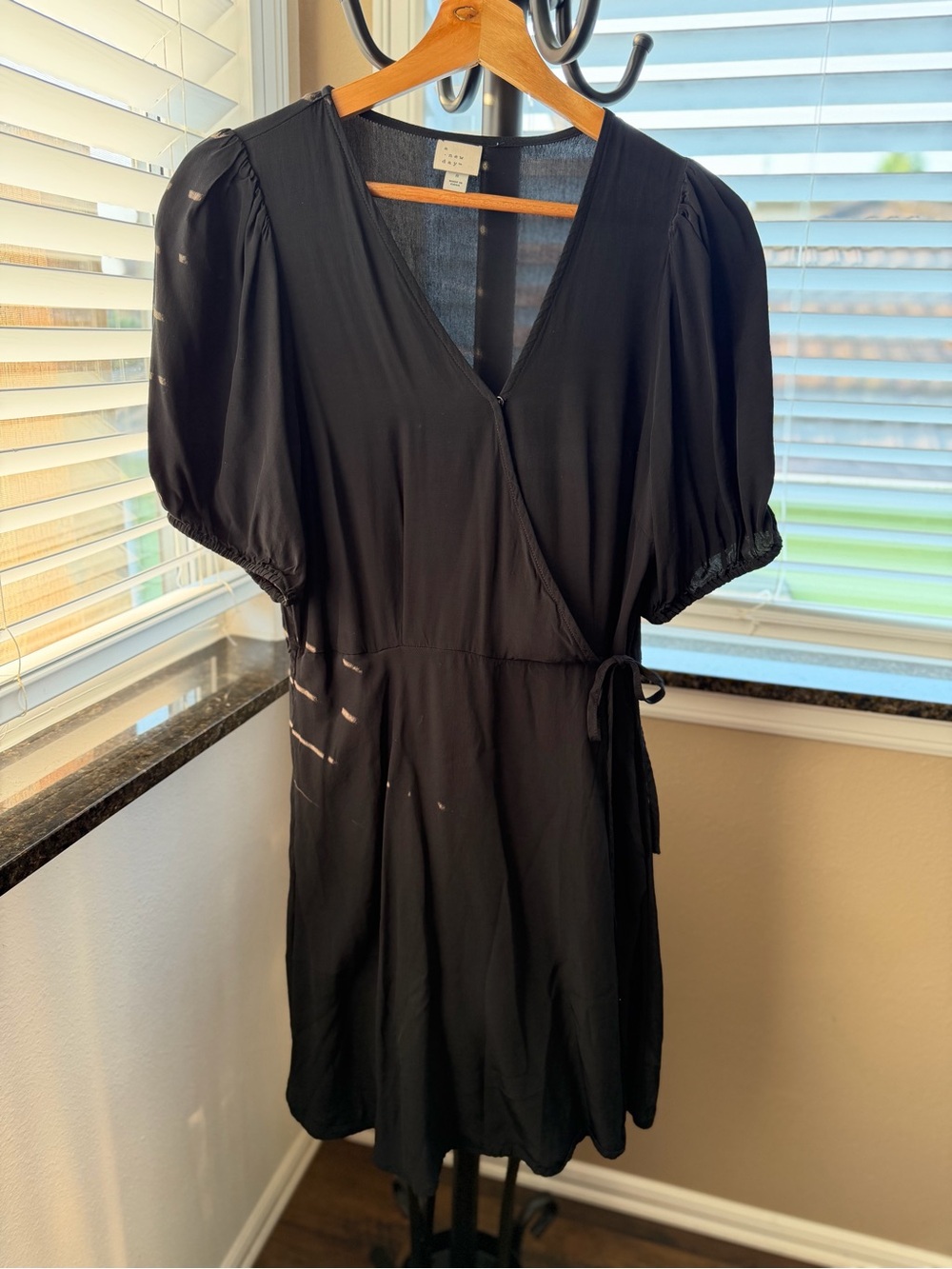 NWOT- a new day Black Mini Wrap Dress with Puff Sleeves